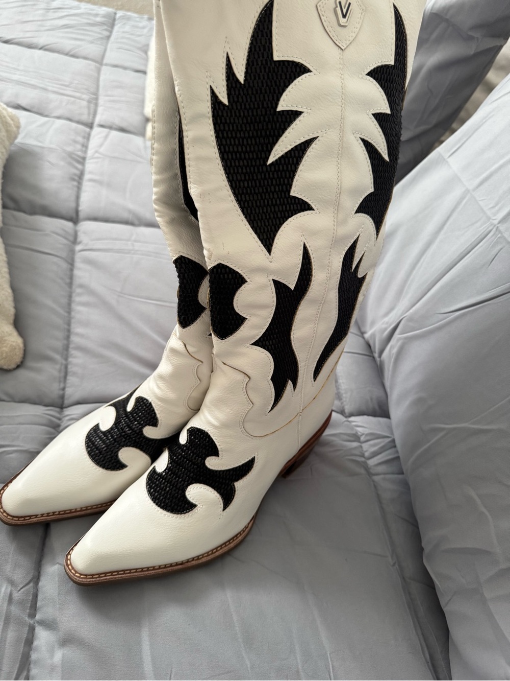 Stylish White & Black Western Knee-High Boots